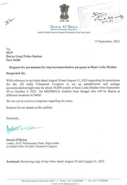 derek o brian write a letter to delhi police